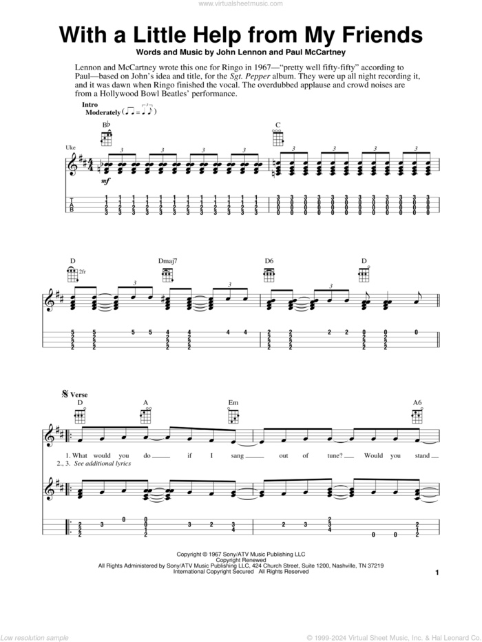 With A Little Help From My Friends sheet music for ukulele (easy tablature) (ukulele easy tab) by The Beatles, Fred Sokolow, Joe Cocker, John Lennon and Paul McCartney, intermediate skill level