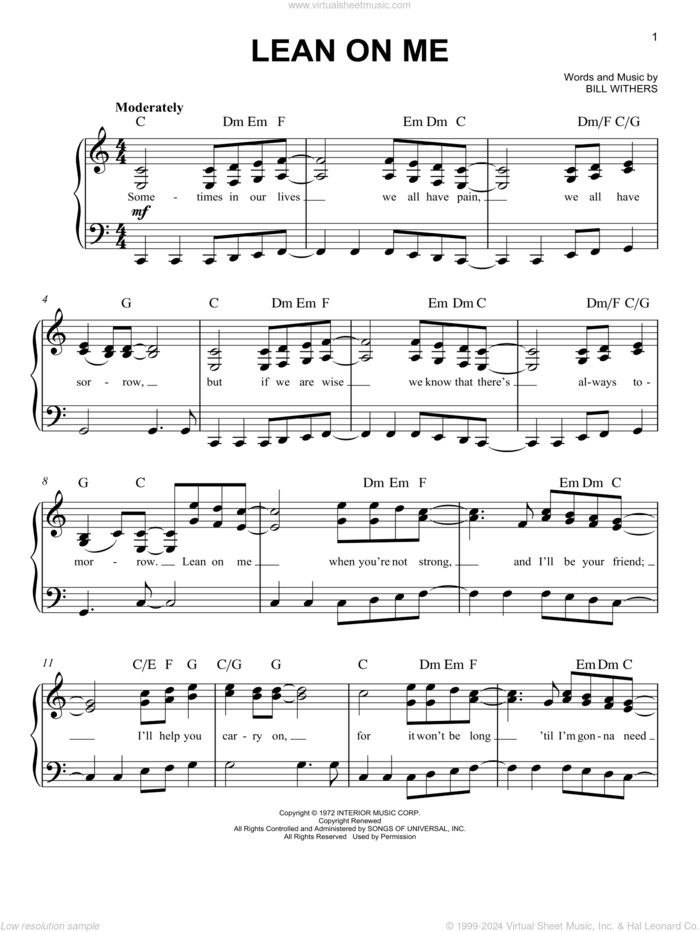 Lean On Me sheet music for piano solo by Bill Withers, beginner skill level