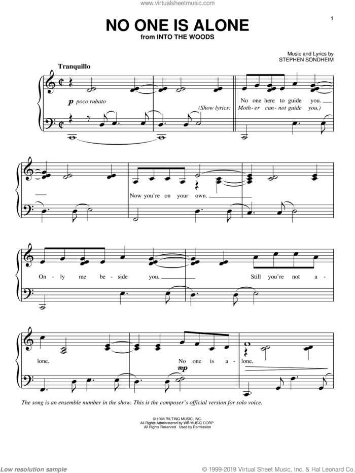 No One Is Alone - Part I (from Into The Woods) sheet music for piano solo by Stephen Sondheim, easy skill level