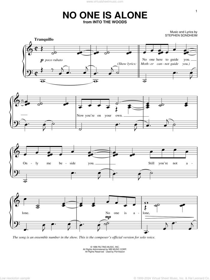 No One Is Alone - Part I (from Into The Woods) sheet music for piano solo by Stephen Sondheim, easy skill level