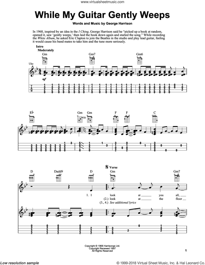 While My Guitar Gently Weeps sheet music for ukulele (easy tablature) (ukulele easy tab) by The Beatles, Fred Sokolow, Santana featuring India.Arie & Yo-Yo Ma and George Harrison, intermediate skill level