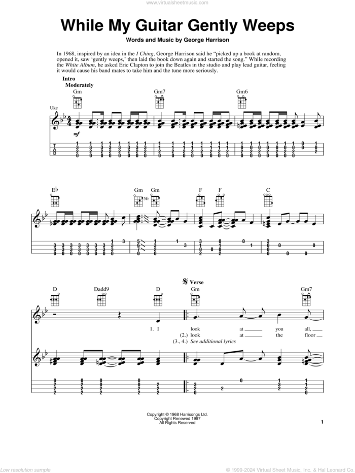 While My Guitar Gently Weeps sheet music for ukulele (easy tablature) (ukulele easy tab) by The Beatles, Fred Sokolow, Santana featuring India.Arie & Yo-Yo Ma and George Harrison, intermediate skill level