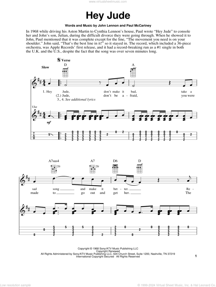 Hey Jude sheet music for ukulele (easy tablature) (ukulele easy tab) by The Beatles, Fred Sokolow, John Lennon and Paul McCartney, intermediate skill level