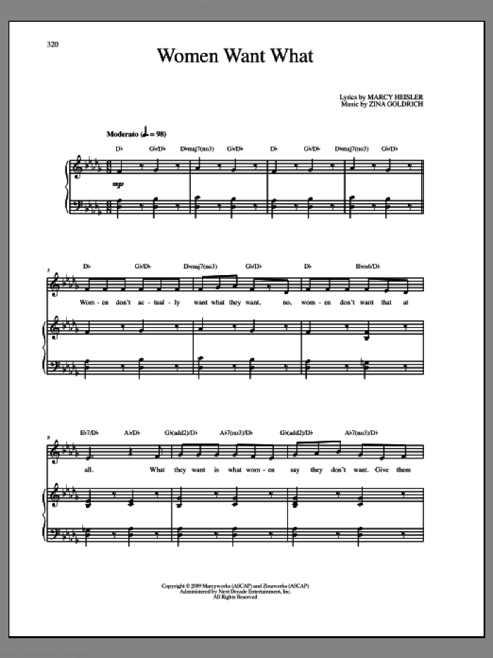 Women Want What sheet music for voice and piano by Goldrich & Heisler, Marcy Heisler and Zina Goldrich, intermediate skill level
