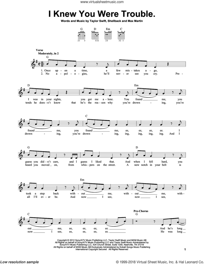 I Knew You Were Trouble sheet music for guitar solo (chords) by Taylor Swift, Max Martin and Shellback, easy guitar (chords)