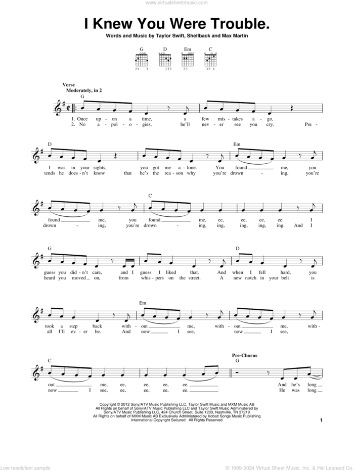 I Knew You Were Trouble sheet music for guitar solo (chords) by Taylor Swift, Max Martin and Shellback, easy guitar (chords)