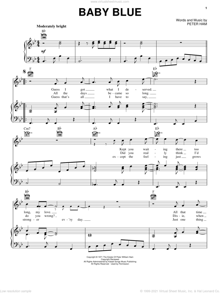 Baby Blue sheet music for voice, piano or guitar by Badfinger and Pete Ham, intermediate skill level