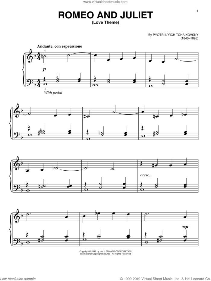Romeo And Juliet (Love Theme), (beginner) sheet music for piano solo by Pyotr Ilyich Tchaikovsky, classical score, beginner skill level