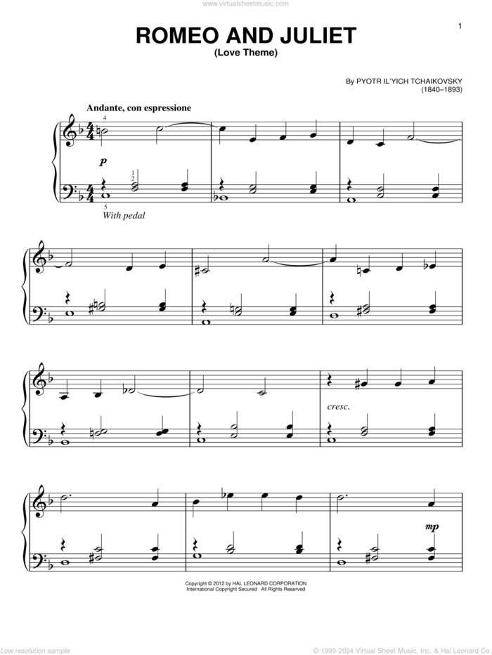 Romeo And Juliet (Love Theme), (beginner) sheet music for piano solo by Pyotr Ilyich Tchaikovsky, classical score, beginner skill level