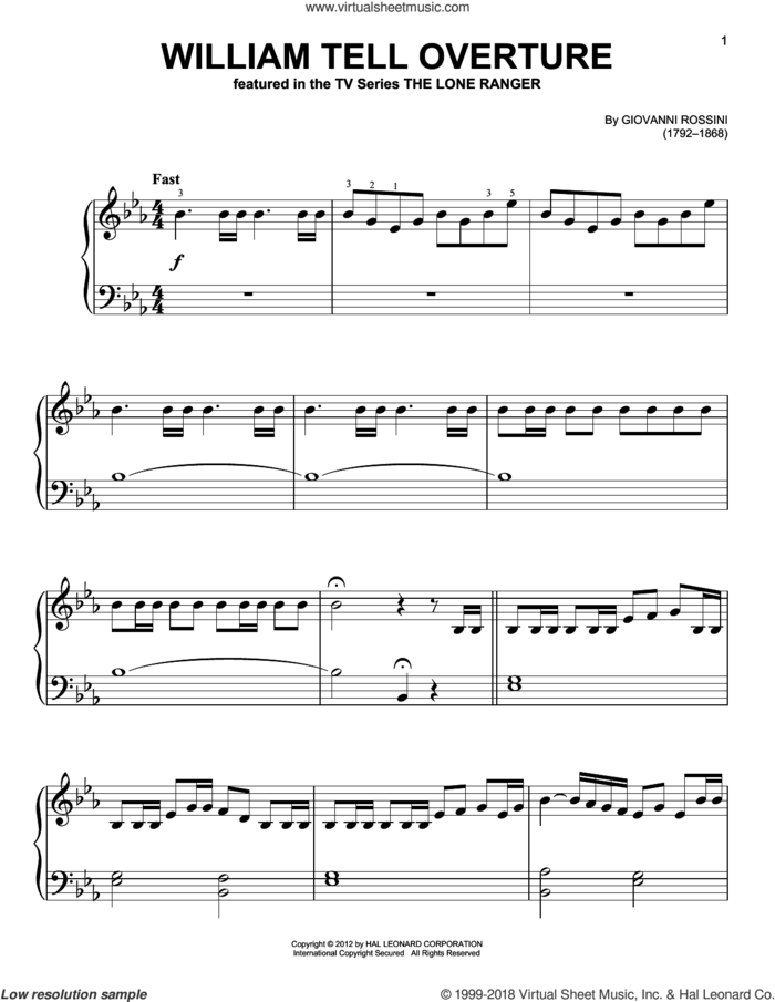 William Tell Overture, (beginner) sheet music for piano solo by Gioacchino Rossini and Rossini, Gioacchino, classical score, beginner skill level
