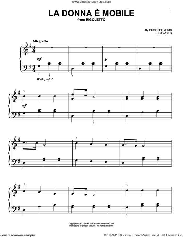 La donna e mobile sheet music for piano solo by Giuseppe Verdi, classical score, beginner skill level