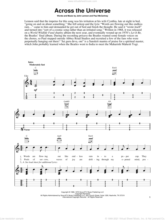 Across The Universe sheet music for ukulele (easy tablature) (ukulele easy tab) by The Beatles, Fred Sokolow, John Lennon and Paul McCartney, intermediate skill level