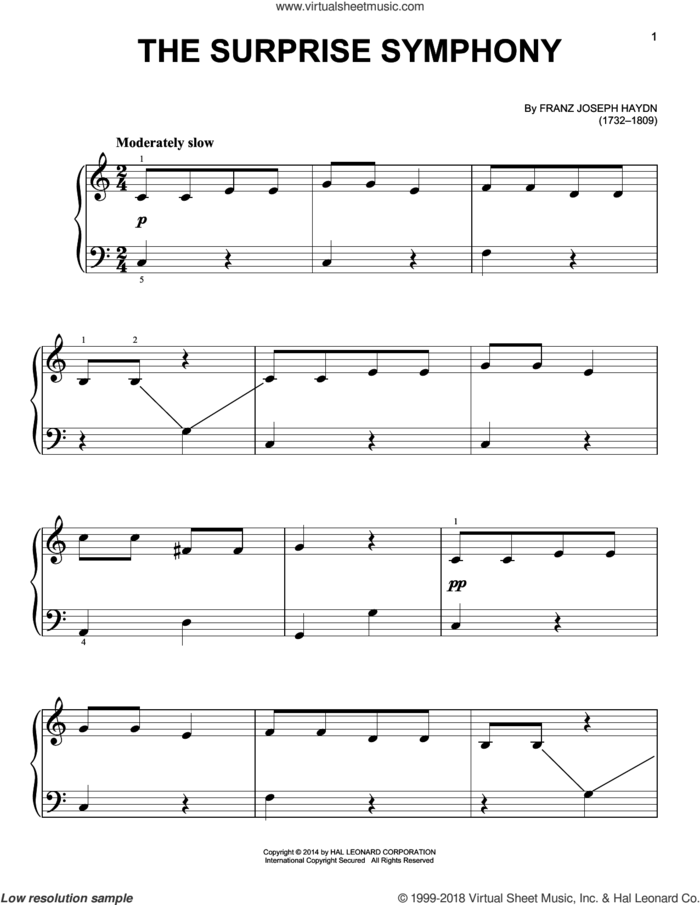 The Surprise Symphony, (beginner) sheet music for piano solo by Franz Joseph Haydn, classical score, beginner skill level