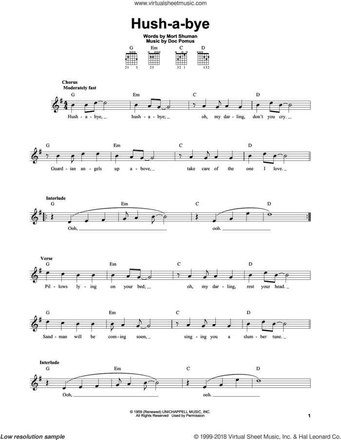 Hush-a-bye sheet music for guitar solo (chords) by Mystics, Doc Pomus and Mort Shuman, easy guitar (chords)