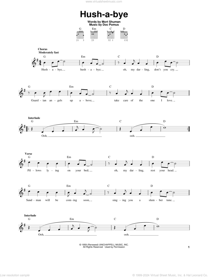 Hush-a-bye sheet music for guitar solo (chords) by Mystics, Doc Pomus and Mort Shuman, easy guitar (chords)