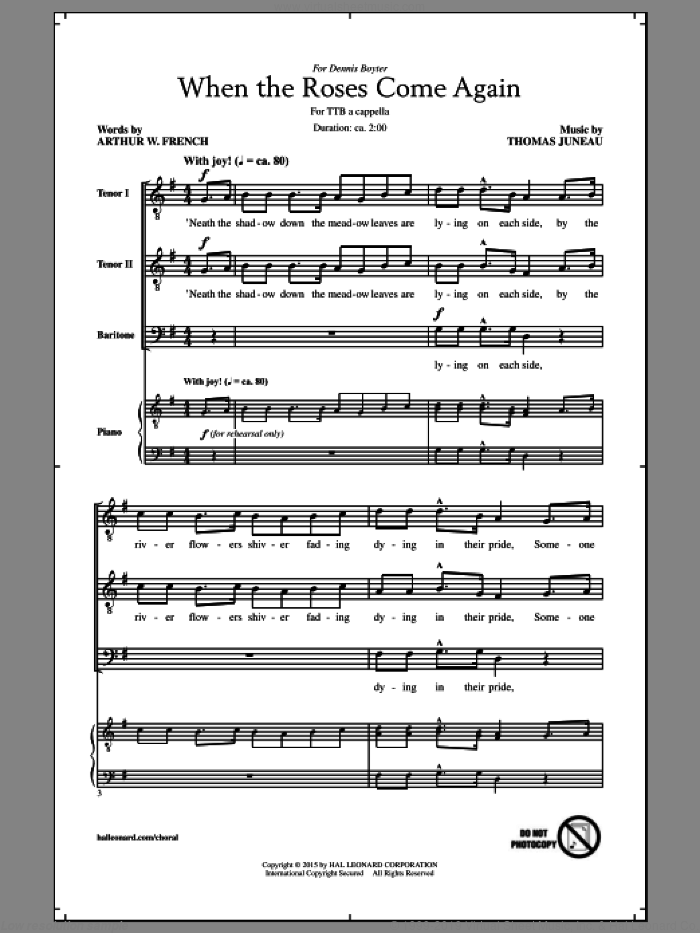 When The Roses Come Again sheet music for choir (TTBB: tenor, bass) by Thomas Juneau and Arthur W. French, intermediate skill level