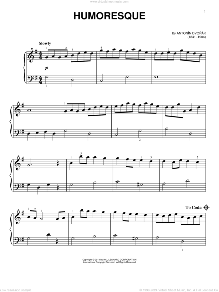 Humoresque sheet music for piano solo by Antonin Dvorak and Anton DvorAk, classical score, beginner skill level