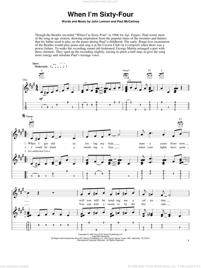 When I'm Sixty-Four sheet music for ukulele (easy tablature) (ukulele easy tab) by The Beatles, Fred Sokolow, John Lennon and Paul McCartney, intermediate skill level