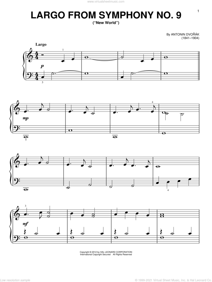 Largo From Symphony No. 9 ('New World'), (beginner) sheet music for piano solo by Antonin Dvorak and Antonin Dvorak, classical score, beginner skill level