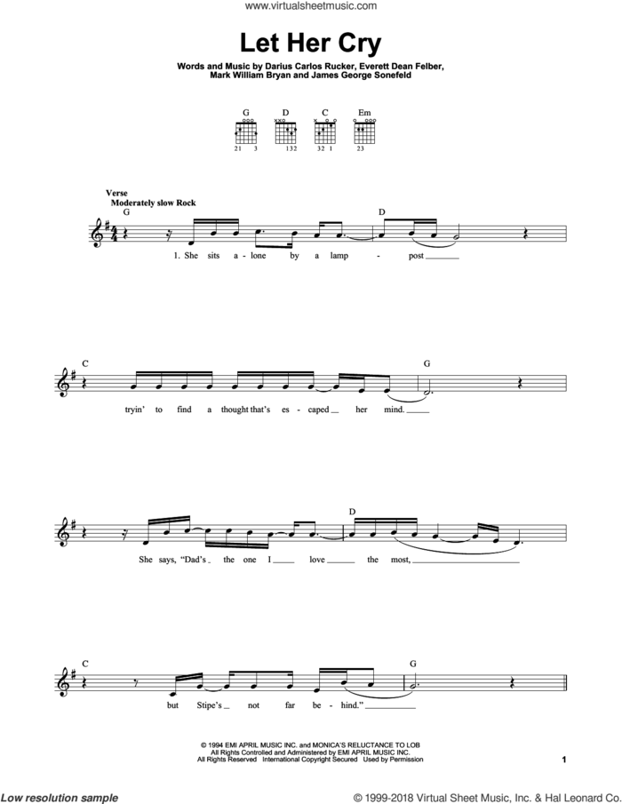 Let Her Cry sheet music for guitar solo (chords) by Hootie & The Blowfish, Darius Carlos Rucker, Everett Dean Felber, James George Sonefeld and Mark William Bryan, easy guitar (chords)