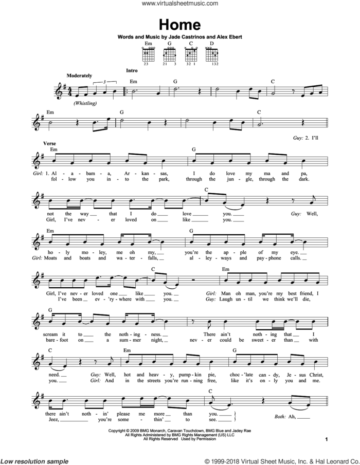 Home sheet music for guitar solo (chords) by Edward Sharpe & the Magnetic Zeros, Alex Ebert and Jade Castrinos, easy guitar (chords)