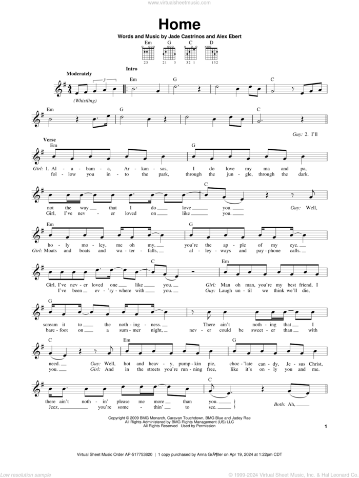 Home sheet music for guitar solo (chords) by Edward Sharpe & the Magnetic Zeros, Alex Ebert and Jade Castrinos, easy guitar (chords)