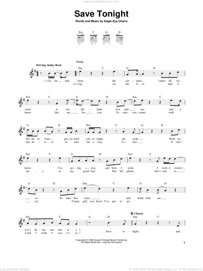 Save Tonight sheet music for guitar solo (chords) by Eagle-Eye Cherry, easy guitar (chords)