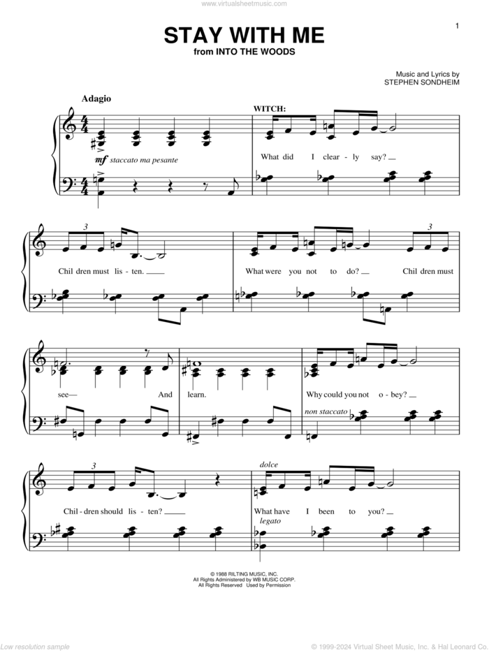 Stay With Me (from Into The Woods) sheet music for piano solo by Stephen Sondheim, easy skill level