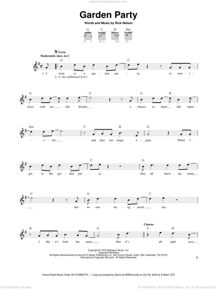 Garden Party sheet music for guitar solo (chords) by Ricky Nelson, easy guitar (chords)