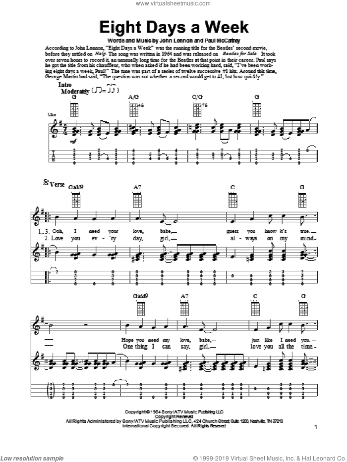 Eight Days A Week sheet music for ukulele (easy tablature) (ukulele easy tab) by The Beatles, Fred Sokolow, John Lennon and Paul McCartney, intermediate skill level
