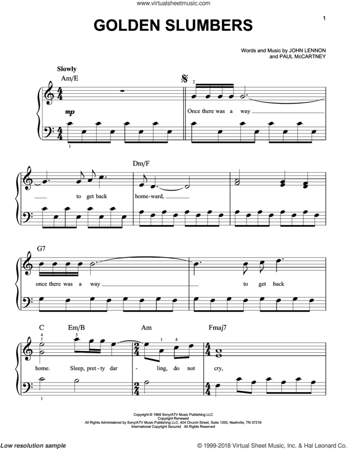 Golden Slumbers, (beginner) sheet music for piano solo by The Beatles, John Lennon and Paul McCartney, beginner skill level