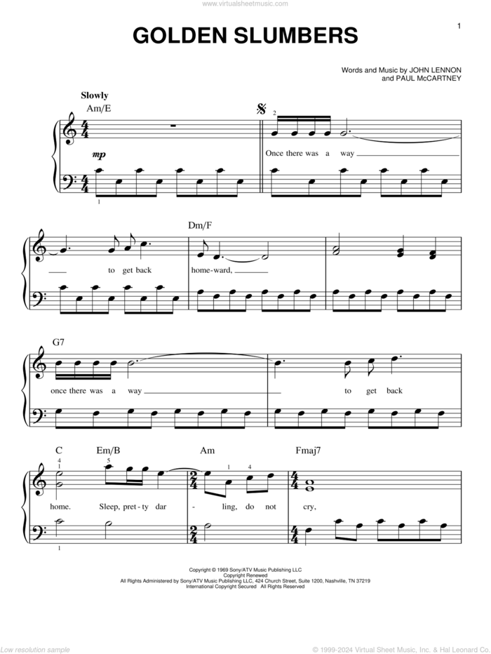 Golden Slumbers, (beginner) sheet music for piano solo by The Beatles, John Lennon and Paul McCartney, beginner skill level