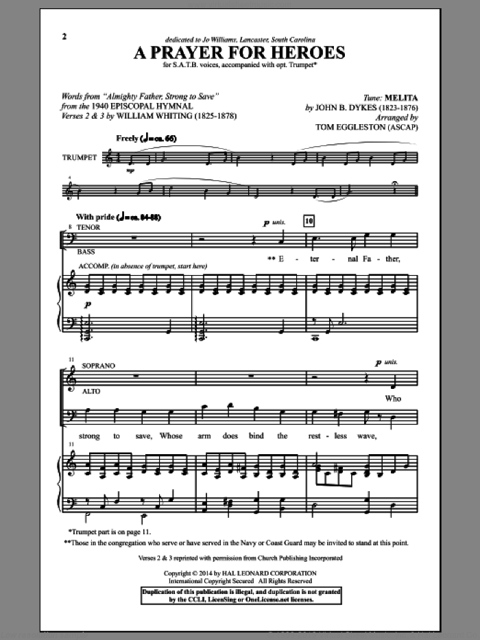 A Prayer For Heroes sheet music for choir (SATB: soprano, alto, tenor, bass) by Tom Eggleston, John Bacchus Dykes, John B.Dykes and William Whiting, intermediate skill level