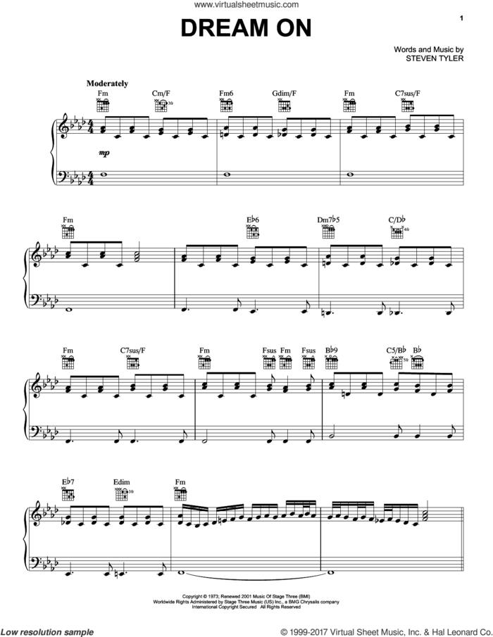 Dream On sheet music for voice, piano or guitar by Aerosmith and Steven Tyler, intermediate skill level