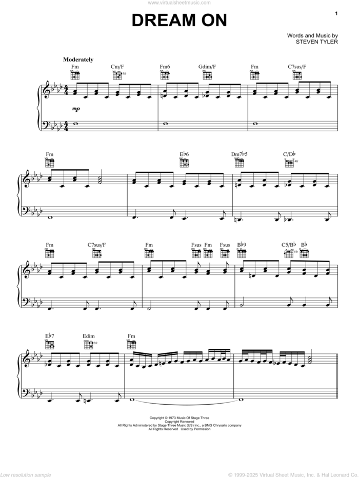 Dream On sheet music for voice, piano or guitar by Aerosmith and Steven Tyler, intermediate skill level