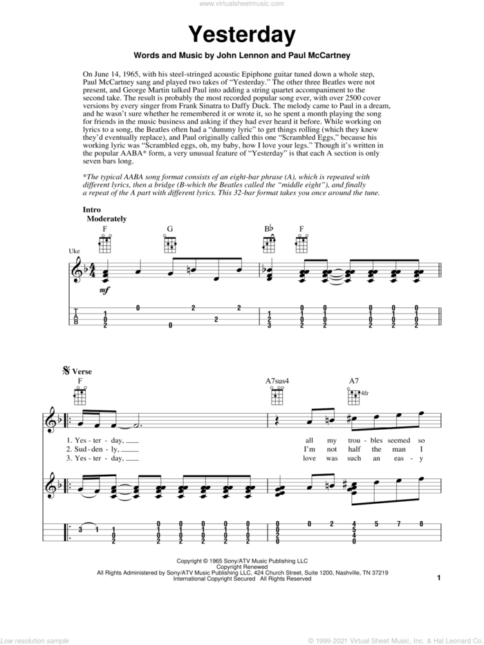 Yesterday sheet music for ukulele (easy tablature) (ukulele easy tab) by The Beatles, Fred Sokolow, John Lennon and Paul McCartney, intermediate skill level