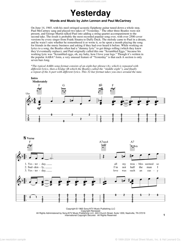 Yesterday sheet music for ukulele (easy tablature) (ukulele easy tab) by The Beatles, Fred Sokolow, John Lennon and Paul McCartney, intermediate skill level