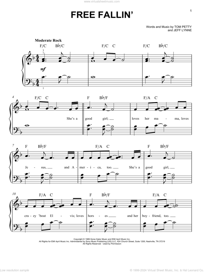 Free Fallin' sheet music for piano solo by Tom Petty, John Mayer and Jeff Lynne, beginner skill level