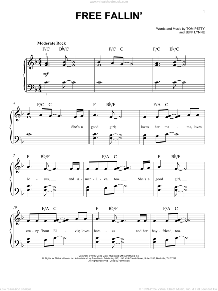 Free Fallin' sheet music for piano solo by Tom Petty, John Mayer and Jeff Lynne, beginner skill level