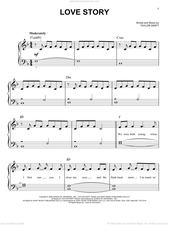 Love Story, (beginner) sheet music for piano solo by Taylor Swift, beginner skill level