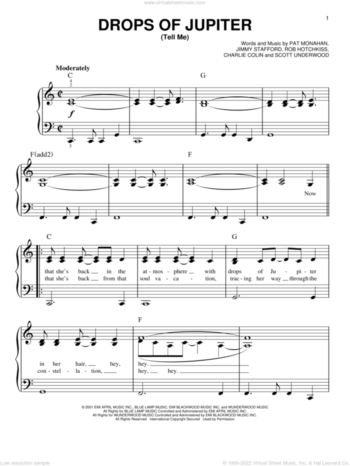 Drops Of Jupiter (Tell Me), (beginner) sheet music for piano solo by Train, Charlie Colin, Jimmy Stafford, Pat Monahan, Rob Hotchkiss and Scott Underwood, beginner skill level