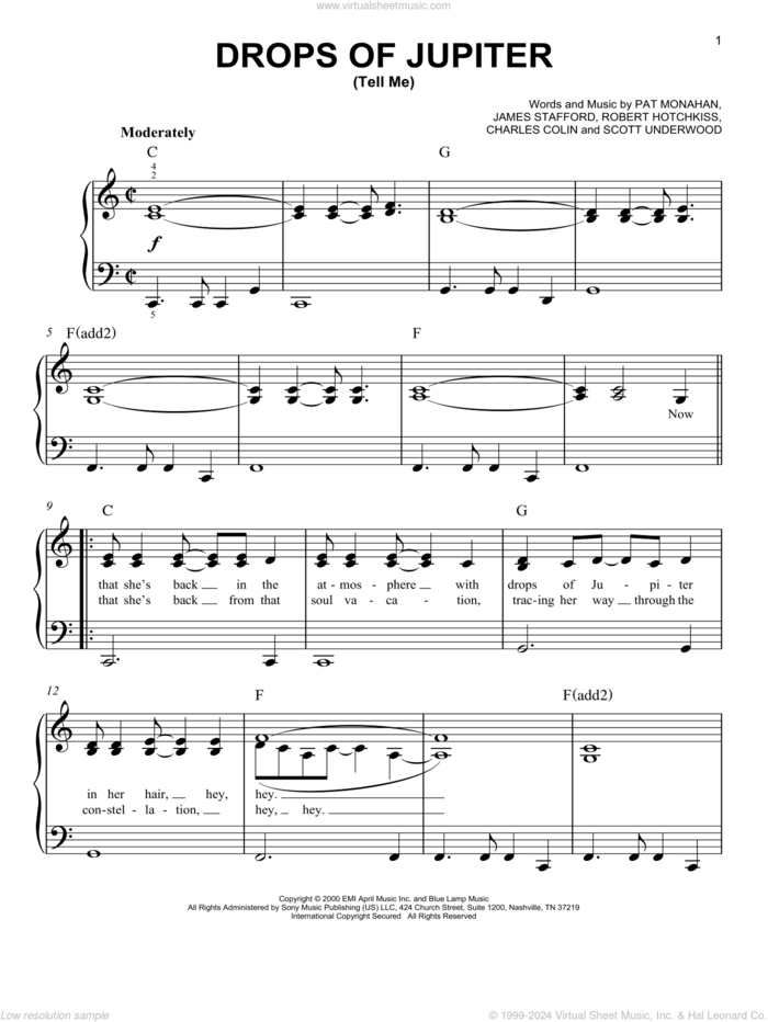 Drops Of Jupiter (Tell Me), (beginner) sheet music for piano solo by Train, Charlie Colin, Jimmy Stafford, Pat Monahan, Rob Hotchkiss and Scott Underwood, beginner skill level