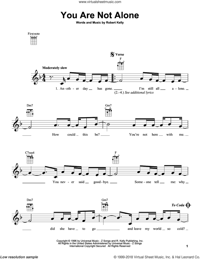 You Are Not Alone sheet music for ukulele by Michael Jackson and Robert Kelly, intermediate skill level
