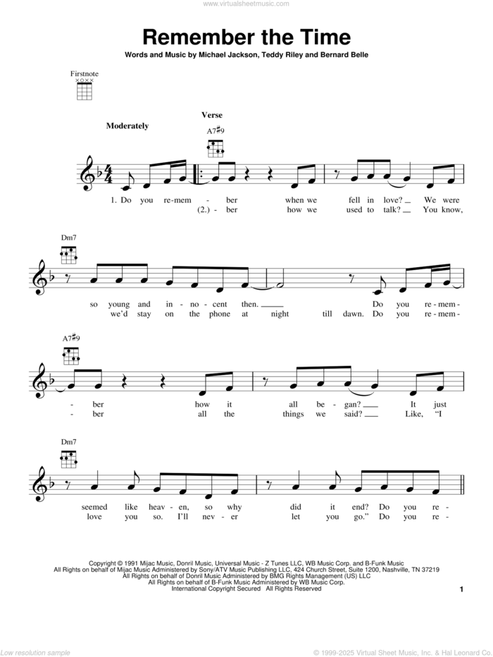 Remember The Time sheet music for ukulele by Michael Jackson, Bernard Belle and Teddy Riley, intermediate skill level