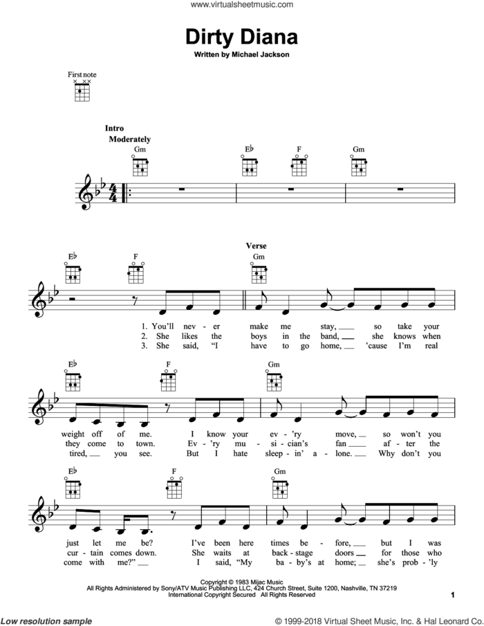 Dirty Diana sheet music for ukulele by Michael Jackson, intermediate skill level