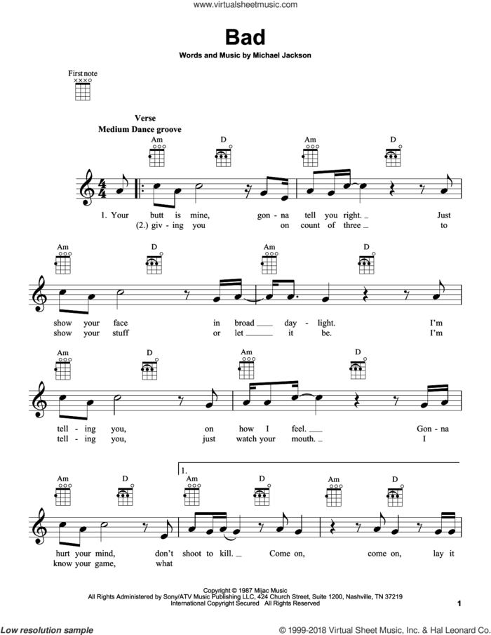 Bad sheet music for ukulele by Michael Jackson, intermediate skill level