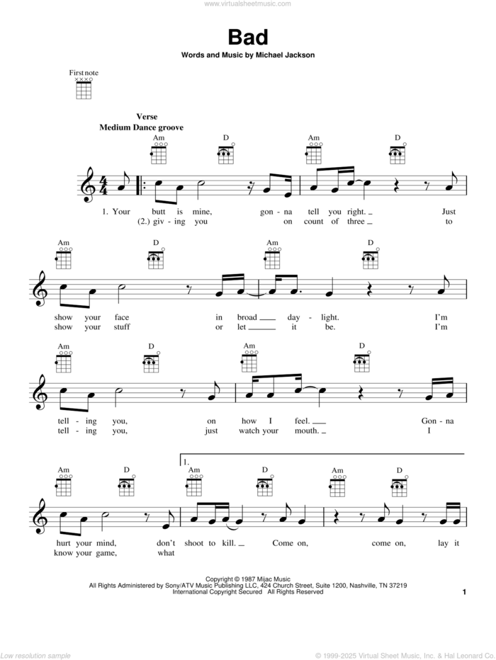 Bad sheet music for ukulele by Michael Jackson, intermediate skill level