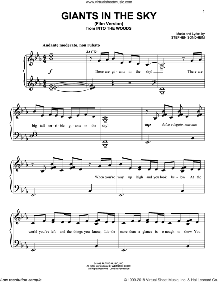 Giants In The Sky (Film Version) (from Into The Woods) sheet music for piano solo by Stephen Sondheim, easy skill level