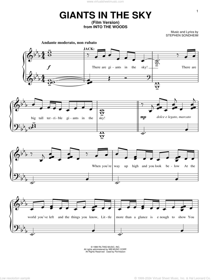 Giants In The Sky (Film Version) (from Into The Woods) sheet music for piano solo by Stephen Sondheim, easy skill level