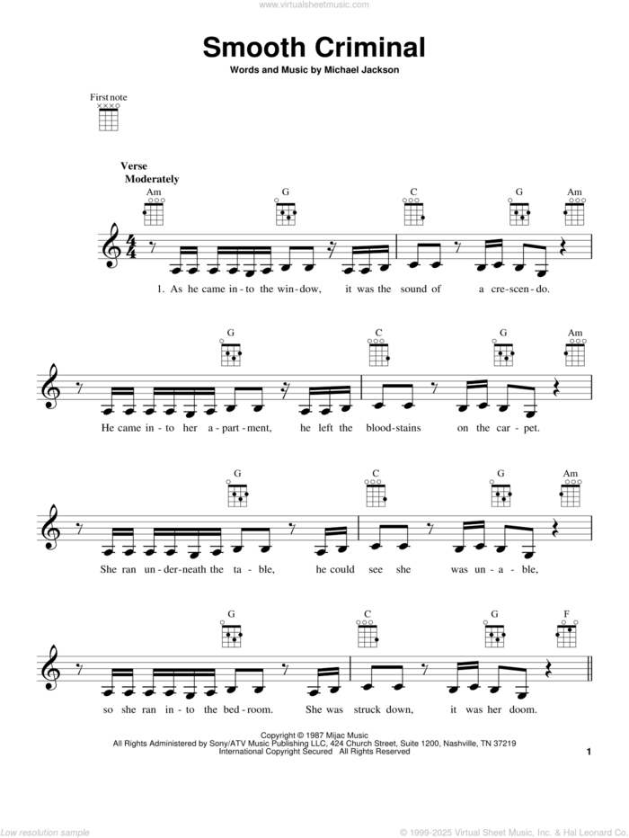 Smooth Criminal sheet music for ukulele by Michael Jackson, intermediate skill level